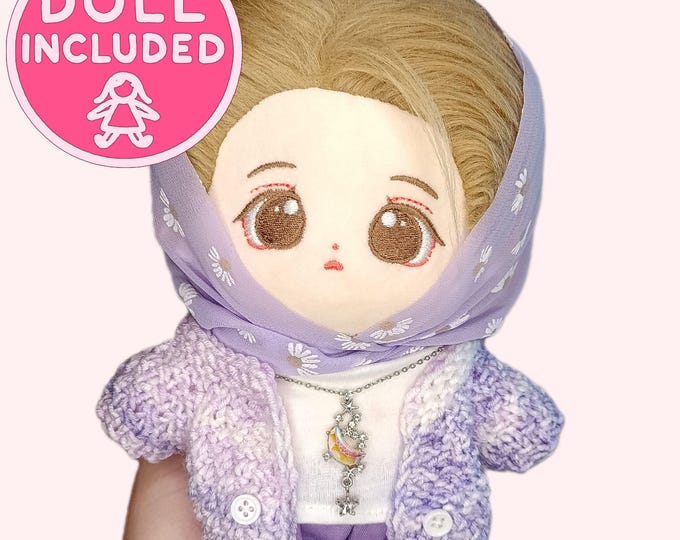 Cottagecore Brown Hair Plushie Girl Doll with Handmade Purple Ombre Knit Cardigan 20cm Dolls | Cardigan Only, Doll+Full Outfit, or Doll Only
