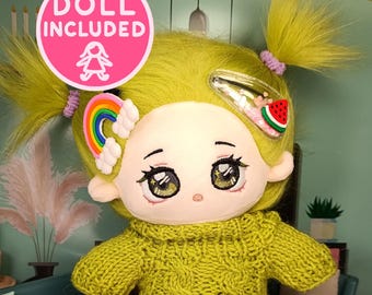 Handmade Knitted Cozy Lime Green Sweater for 20cm Plush Dolls Green Doll Girl Green Eyes Outfit Full Set Blue Pants Clothes Cotton Plushie