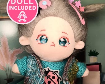Handmade Knitted Dress & Vest Set 20cm Plush Dolls Grey Doll Girl Blue Eyes Outfit Full Set Clothes Cotton Plushie Wardrobe Turquoise Teal