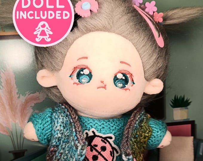 Handmade Knitted Dress & Vest Set 20cm Plush Dolls Grey Doll Girl Blue Eyes Outfit Full Set Clothes Cotton Plushie Wardrobe Turquoise Teal