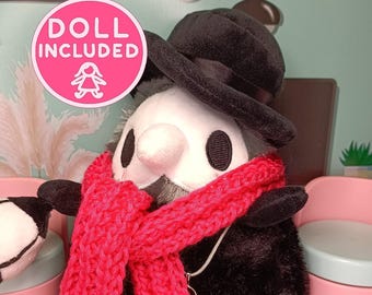 Plague Doctor Plush & Bright Pink Scarf Set  Handmade Knitted 50cm Scarf for 20cm Plush Dolls or Black Bird Birthday Gift Dark Aesthetic