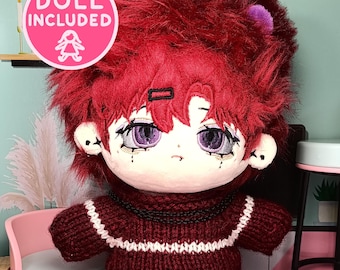 Red Emo Alt Bear Boy with Piercings 20cm Plush Cotton doll Alternative Outfit Burgundy Handmade Knitted Sweater Black and White Pants Set
