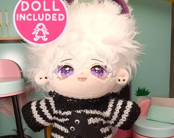 20cm White Wolf Plush Handmade Knitted Black and White Striped Sweater Cozy Doll Outfit Full Set, Doll Only or Clothes Only Cotton Plushie