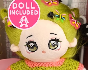 Handmade Green & Pink Knitted Butterfly Sweater for 20cm Dolls Green Doll Girl Green Eyes Outfit Full Set Black Pants Clothes Cotton Plushie