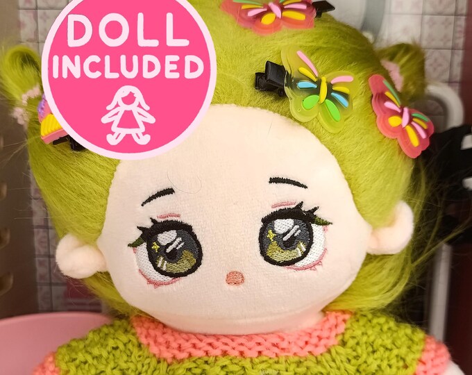 Handmade Green & Pink Knitted Butterfly Sweater for 20cm Dolls Green Doll Girl Green Eyes Outfit Full Set Black Pants Clothes Cotton Plushie