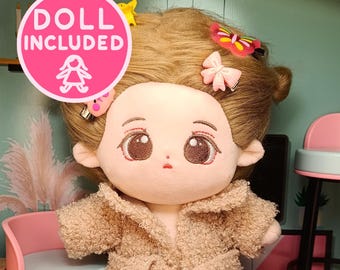 Brunette Doll with Handmade Plush Beige Terry Bathrobe 20cm Luxury Dolls Long Cozy Outfit Clothing Plushie Sleepwear Robe Kimono Soft Cuddly