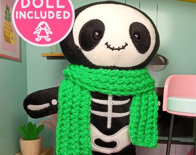 Skeleton Doll & Handmade Scarf Set Knitted 50cm Scarf for Plushie Dolls Cute Adorable Dark Aesthetic Toy Wardrobe Tiny Warm