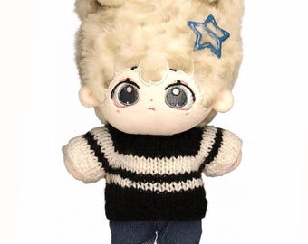 Handmade Knit Sweater for 20cm Plush Doll: Black & White V-Stripes