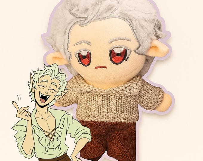 Astarion Ancunín 20 cm Plush Doll with Handmade Knitted Camp Shirt and Faux Leather Pants Complete with Original Clothes DOLL INCLUDED
