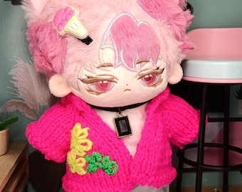 Embroidered 20cm Doll Cardigan Handmade Neon Pink Bright Floral embroidery Statement Style Adorable Plush Doll Fashion Hand-Knitted Sweater