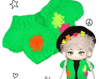 Embroidered Doll Cardigan: Neon Green Floral, Hand-Knitted for 20cm Plush