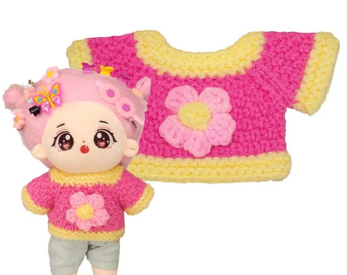 Handmade Doll Sweater 20cm Dolls Pink Yellow Knitted Cute Crochet Flower Embellishment Kawaii Cottagecore Vibrant Colorful Girl Doll Soft