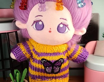 Handmade Knitted Striped Sweater Butterfly Patch for 20cm Plush Dolls Vibrant Yellow Purple Plushie Outfit Style Display Knitwear Plushie