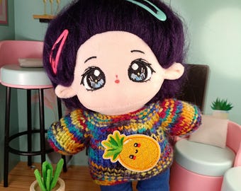 Handmade Rainbow Knitted Sweater with Pineapple Patch for 20cm Plush Dolls Colorful Plushie Outfit Fun Cheerful Style Display Knitwear