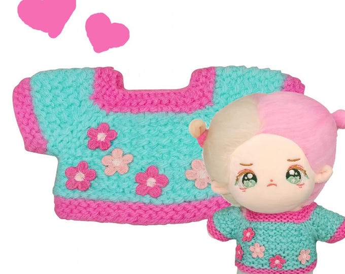 Decorated Doll Sweater, Handmade, Turquoise & Pink Floral Sweater 20cm Plush Dolls Cozy Kawaii Vibrant Colorful style Girl Doll Soft