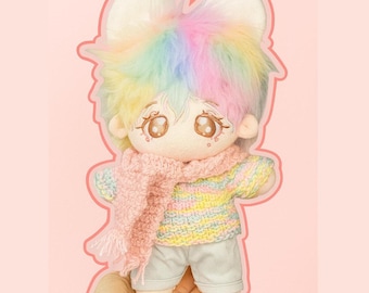 Glitchcore Pastel Rainbow Fox Plush Doll with Outfit Set Colorful Handmade Sweater and Pink Scarf Alt Baby Boy Aesthetic 20cm Dolls Eyes