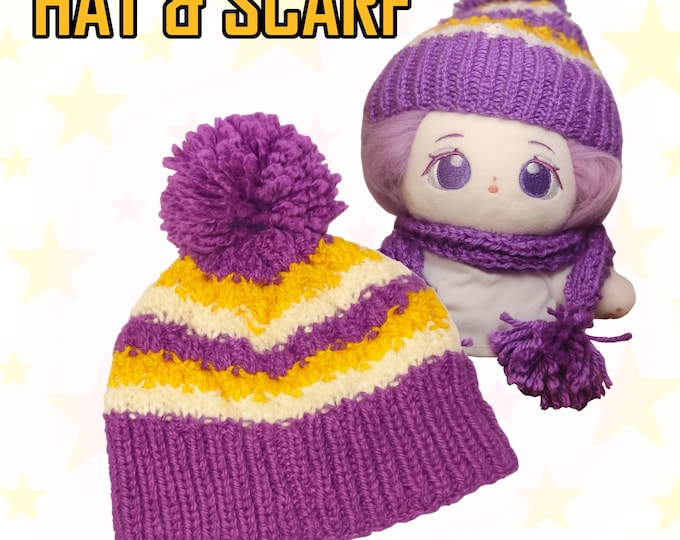 Handmade Knitted Plush Doll Hat and Scarf Set: Purple Winter Accessory for 20cm Dolls