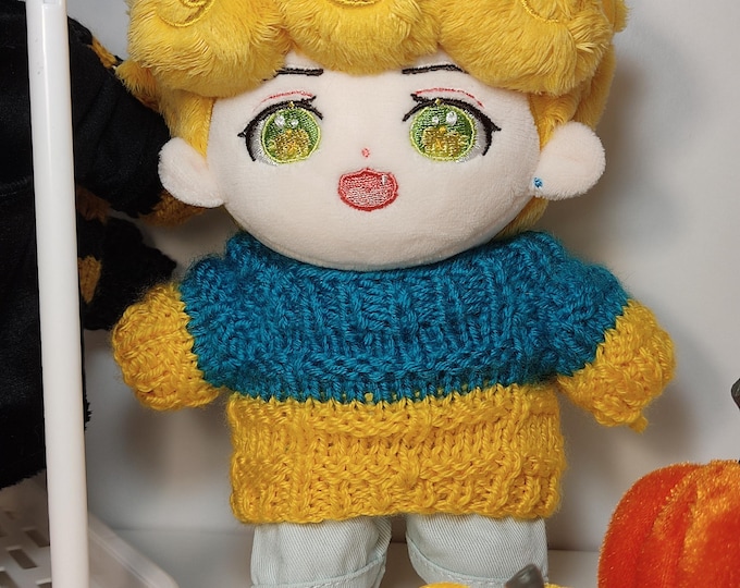 Handmade Ukraine-Inspired Teal and Yellow Knit Sweater for 20cm Plush Dolls Stylish Two-Tone Design Knitted Cozy Outfit Clothing Plushie