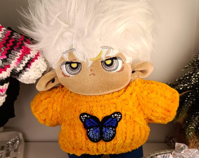 Handmade Cozy Knitted Sweater Blue Butterfly Patch for 20cm Plush Dolls Soft Bright Yellow Clothing Display Stylish Knitwear Plushie Comfort