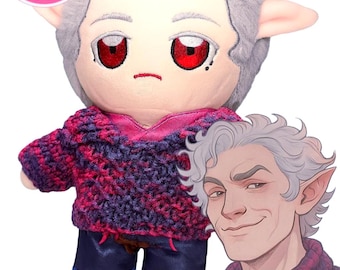 Baldur's Gate Astarion 20cm Plush Doll with Handmade Knitted Sweater BG3 -Inspired Dolls Outfit Plushie Toy Purple Red Blue Multicolor Bonus