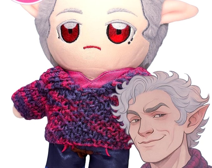 Baldur's Gate Astarion 20cm Plush Doll with Handmade Knitted Sweater BG3 -Inspired Dolls Outfit Plushie Toy Purple Red Blue Multicolor Bonus