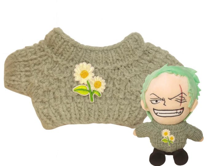 Handmade Blue Gray Sweater with Double Daisy Patch for 30cm Plush Dolls Plushie Wardrobe Minimal Design Knitted Cozy Clothing Adorable