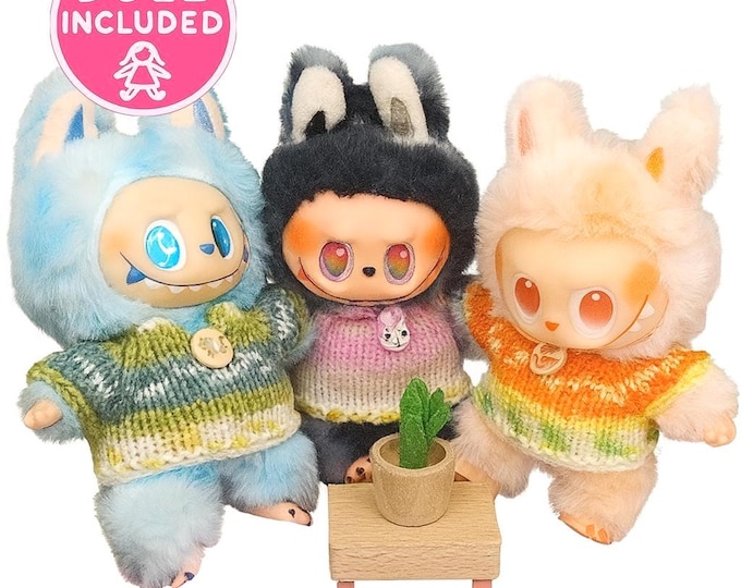 Labubu | Handmade Knitted Sweater for 17 cm Plushie | Black, Orange, Blue plush doll with Cozy Clothes | Dolls and Clothing Included Set