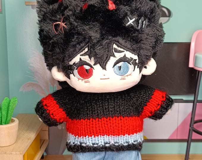 Fox Boy Plush – Doll Included – Handmade Knitted Sweater, Full Outfit Options 20cm Red Black & Blue Stripe Pullover for Dolls Academia Style