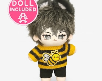 Doll Included Grey Wolf Boy Magnetic Tail Handmade Bee Yellow Sweater 20cm Plush Dolls Knitwear Woodland Animal Forest Core Plushie Outfit