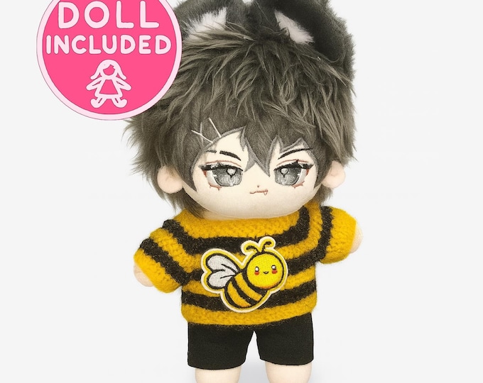 Doll Included Grey Wolf Boy Magnetic Tail Handmade Bee Yellow Sweater 20cm Plush Dolls Knitwear Woodland Animal Forest Core Plushie Outfit