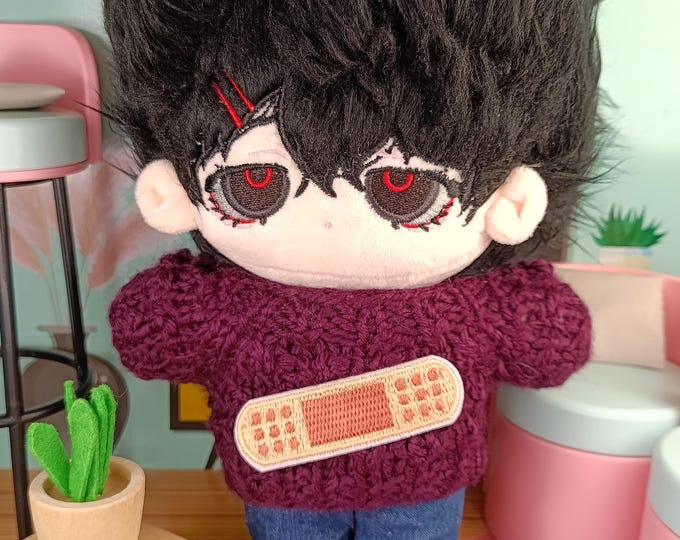 Handmade Knitted Burgundy Sweater with Bandage Patch for 20cm Plush Dolls Cozy Stylish Unique Plushie Outfit Doll Display Knitwear Wardrobe