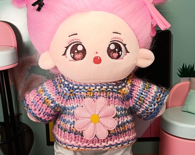 Handmade Knitted Sweater for 20cm Plush Dolls Pastel Rainbow Stripes with Pink Flower Patch Cozy & Cute Plushie Outfit Fun Display Knitwear