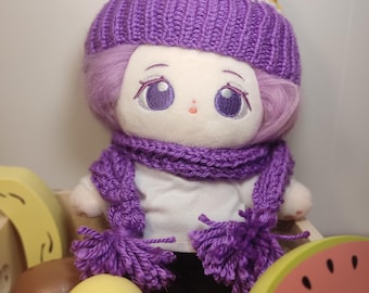 Handmade Knitted Hat and Scarf Set for 20cm Plush Dolls Cozy Winter Accessory Bundle Adorable Style Beanie Pom-Pom Plushie Purple Round Knit