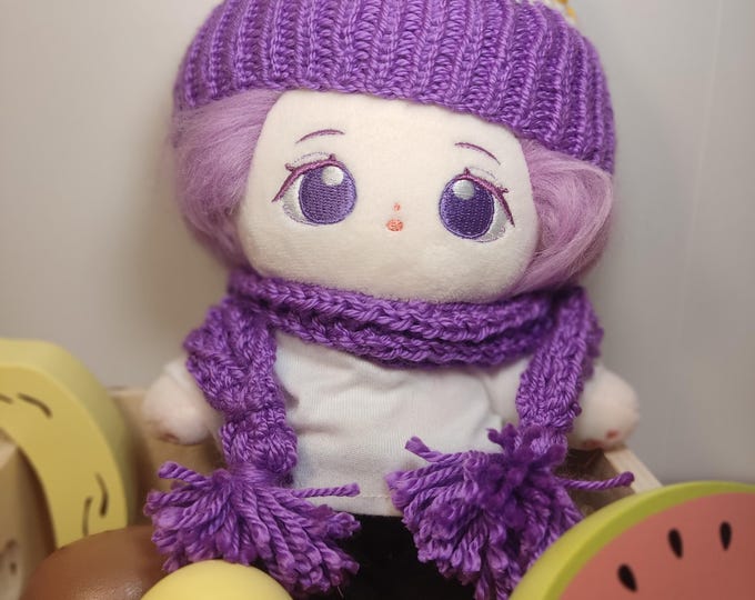 Handmade Knitted Hat and Scarf Set for 20cm Plush Dolls Cozy Winter Accessory Bundle Adorable Style Beanie Pom-Pom Plushie Purple Round Knit