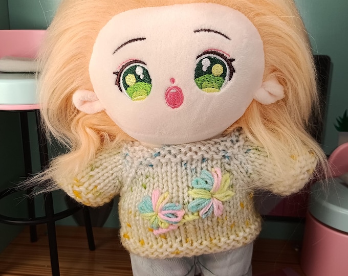 Handmade Knitted Sweater 20cm Plush Dolls with Embroidered Flowers Soft Pastel Doll Clothes Cottagecore Aesthetic Plushie Outfit Knitwear