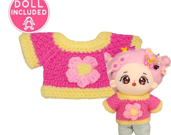Custom Plush Doll with Sweater 20cm Pink Yellow Knitted Cute Crochet Flower Embellishment Kawaii Cottagecore Vibrant Colorful Girl Doll Soft