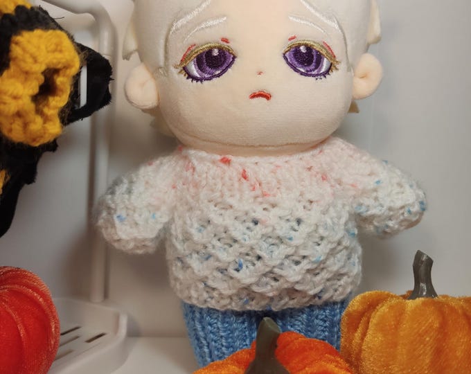 Handmade Doll Clothes Set for 20cm Plushies: Speckled Sweater & Soft Blue Pants - Handmade Doll Outfit