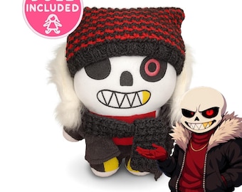 Underfell Sans Skeleton Plush with Handmade Red and Black Knitted Emo style Cat Ear Beanie – Inspired by Undertale AU | Alterative, Gift