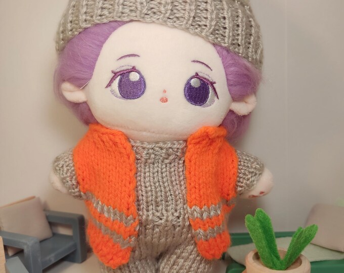 Doll Construction Worker Set, Handmade, 20cm Dolls Knitted Jumpsuit Reflective Vest Hard Hat, Toy Clothing Wardrobe Plushie Clothes