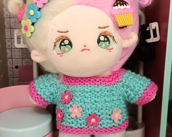 Decorated Doll Sweater, Handmade, Turquoise & Pink Floral Sweater 20cm Plush Dolls Cozy Kawaii Vibrant Colorful style Girl Doll Soft