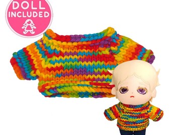 Handmade Knitted Rainbow Sweater for 20cm Plush Dolls Blond Sad Doll Purple Eyes Cozy Outfit Full Set Blue Pants or Clothes Cotton Plushie