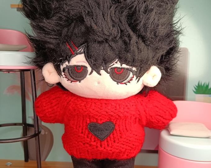 Handmade Knitted Red Sweater for Sad Emo Bear Boy 20 cm Plush Doll Clothes Plushie Outfit Aesthetic Wardrobe Black Heart Alt Fashion Plushie