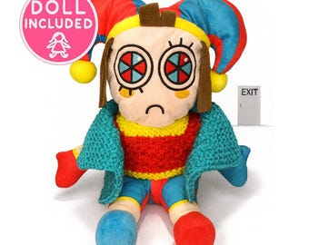 Pomni The Amazing Digital Circus Plushie with Handmade Knitted Sweater & Vest, Cosplay, Stuffed Toy, Doll Clothes 20cm Plush Outfit Gift