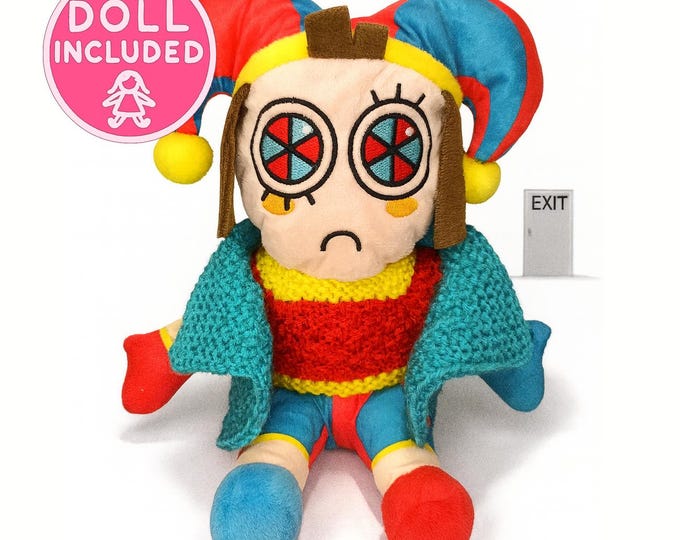 Pomni The Amazing Digital Circus Plushie with Handmade Knitted Sweater & Vest, Cosplay, Stuffed Toy, Doll Clothes 20cm Plush Outfit Gift