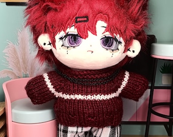 Red Emo Alt Bear Boy with Piercings 20cm Plush Cotton doll Alternative Outfit Burgundy Handmade Knitted Sweater Black and White Pants Set
