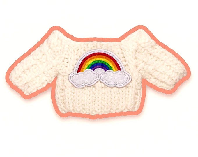 Handmade white sweater with rainbow patch for 20cm plush doll soft knit fits snugly perfect for cudling great addition to doll wardrobe Knit