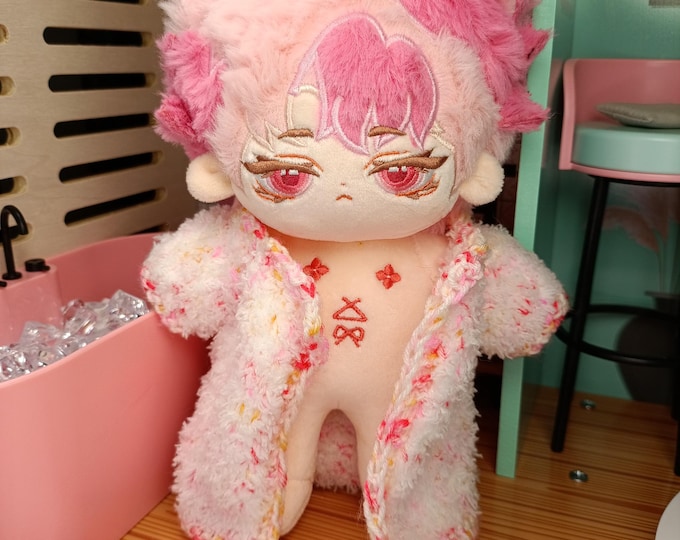 Pink Pastel Cat Plush Doll with Detachable Tail Handmade Bathrobe and Towel – Full Set, Doll Only or Clothes Only | Soft Cotton 20cm Plushie