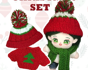 Doll & Christmas Outfit Set | Handmade Knitted Clothes for 20 cm Plush