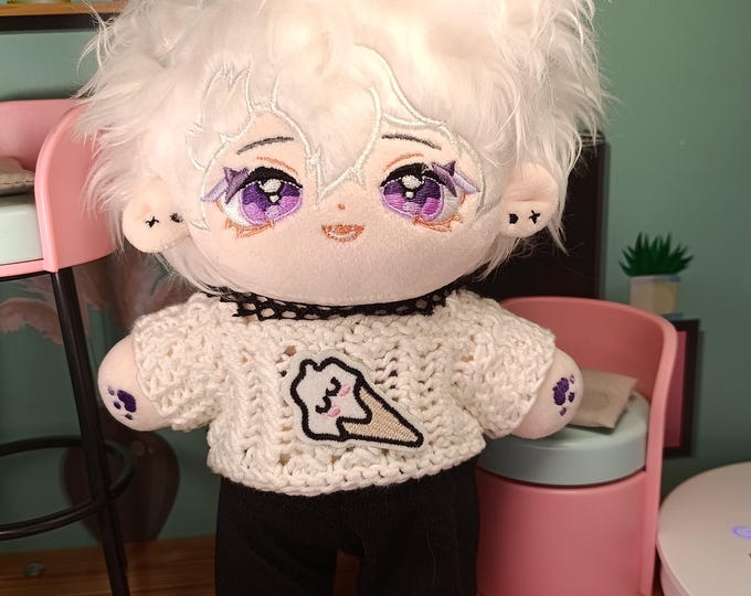 Handmade White Crochet Top for 20cm Plush Dolls Delicate and Stylish Design Ice Cream Patch for Plushie Doll Winter Fall Cute Sheer Crop Top