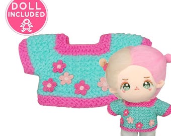 Handmade Kawaii Plush Doll with Turquoise Floral Sweater: 20cm Soft Girl Doll